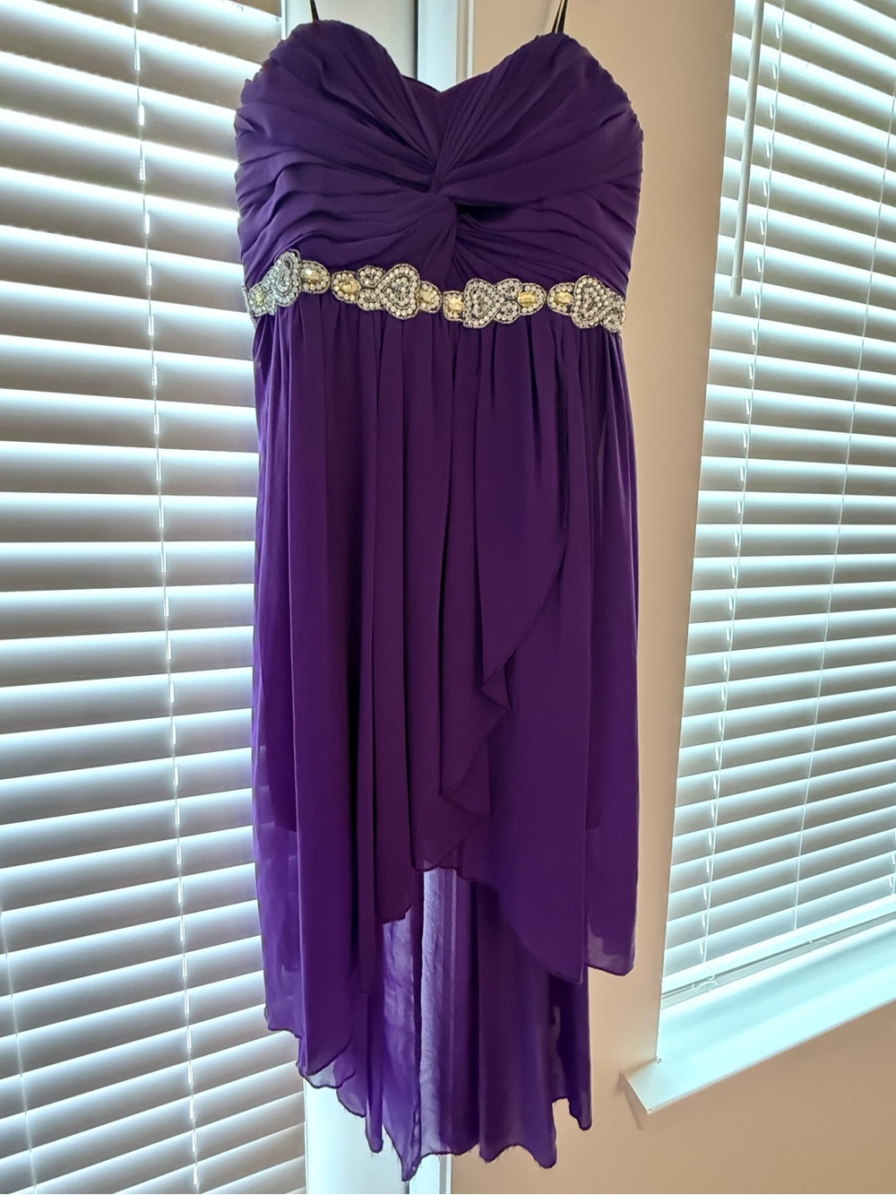 City Triangles Purple Strapless High-Low Chiffon Dress with Beaded Waist